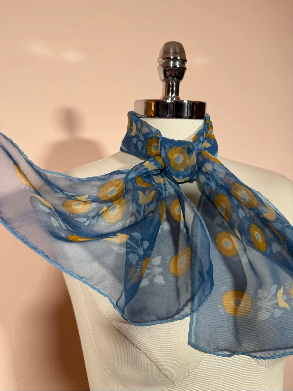 Vintage Cottagecore floral semi sheer blue tan long rectangular scarf